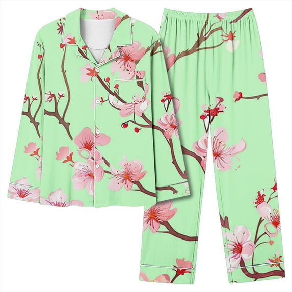 HAOTAGS Women's Floral Print Pajama Set Buttoned Pajama Set Nightwear Soft Pjs Casual Loungeswear Watermelon Red Size XL