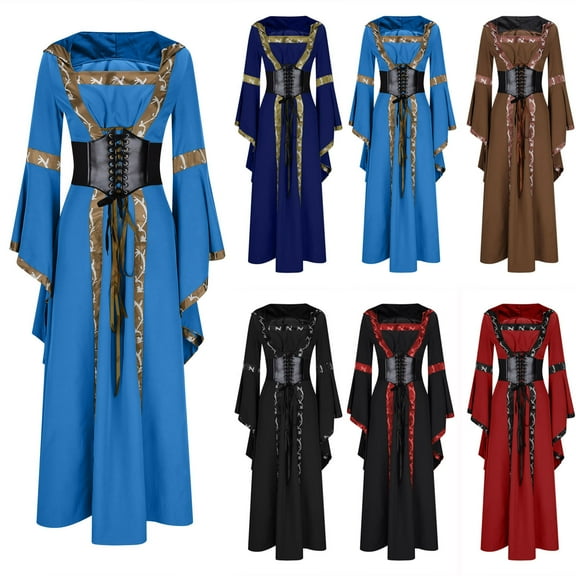 HAOTAGS Women's Gothic Vintage Shaping Dress, Loose Square Neck Elastic Long Sleeve Flare Dress Blue M