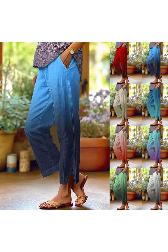 Women's Gradient Linen Pants, Casual Long Pants with Pockets Straight Leg Design Button Decorated Split Hem Pants Blue XL