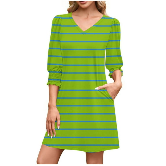 HAOTAGS Women's Gradient V-Neck Dress, 3/4 Sleeves Soft Comfortable Casual Dress Green XXL