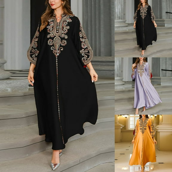 HAOTAGS Women's Gradient V-Neck Dress, Homecoming Dress Long Sleeve Wedding Dress Round Neck Dress Black M