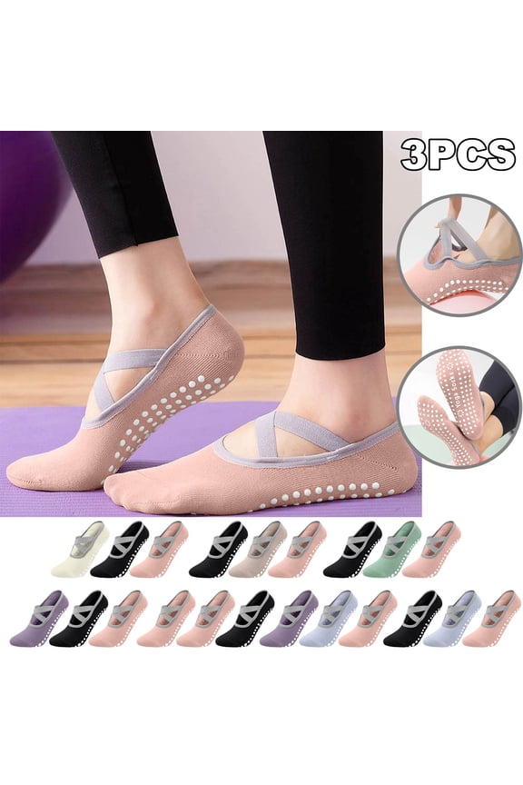 Women's Grip Pilates Socks 3 Pairs, Non Slip Yoga Socks with Grips Straps for Women Grippy socks for Dance Workout Purple One Size