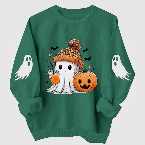 HAOTAGS Women's Halloween Sweatshirt Graphic Print Tops Fall Long Sleeve Crewneck Pullover Tops Green 2XL
