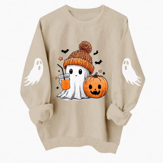 HAOTAGS Women's Halloween Sweatshirt Graphic Print Tops Fall Long Sleeve Crewneck Pullover Tops Beige L