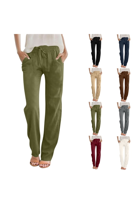 Women's High-Waist Linen Pants, Pleated Straight-Leg Trousers with Pockets Casual Loose Full-Length Long Pants Navy XL