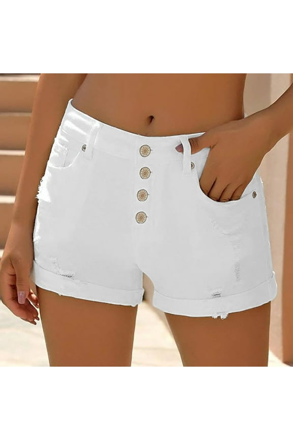 Women's High Waisted Shorts Button Down Slim-fit Denim Ripped Hem Frayed Distressed Short Jeans White Size L
