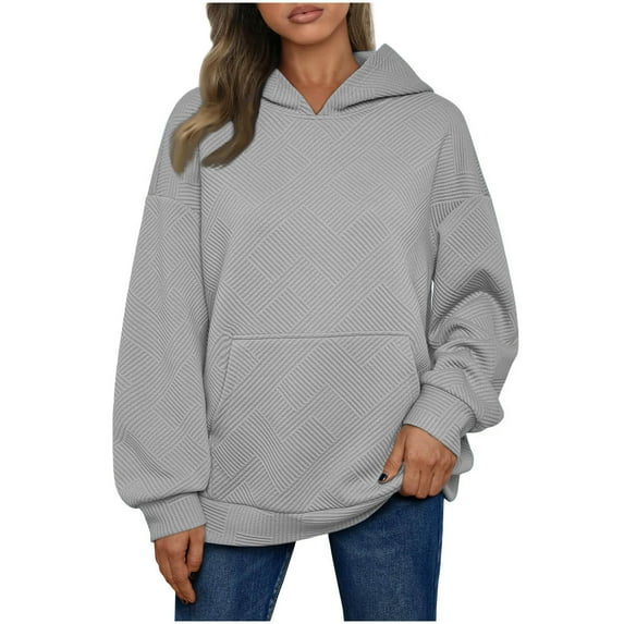 HAOTAGS Women's Hoodie 2025 Checkered Ribbed Oversizeed Sweatshirts Fall Fashion Pullover Top with Pockets Gray Size M