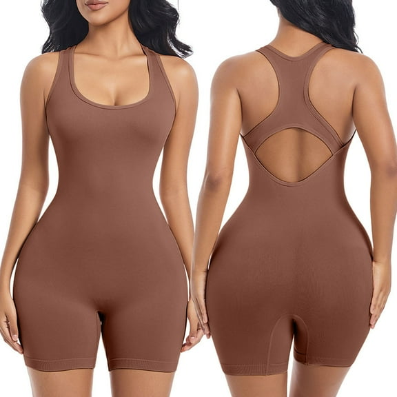 HAOTAGS Women’s Jumpsuits Unitard Bodysuits One Piece Shorts Rompers Yoga Sleeveless Backless Seamless Bodycon Outfits Brown Size L