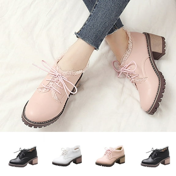 HAOTAGS Women's Lace-Up Short Boots, Deep V-Cut Opening Thick High Heel Lace Trim Casual Boots Pink