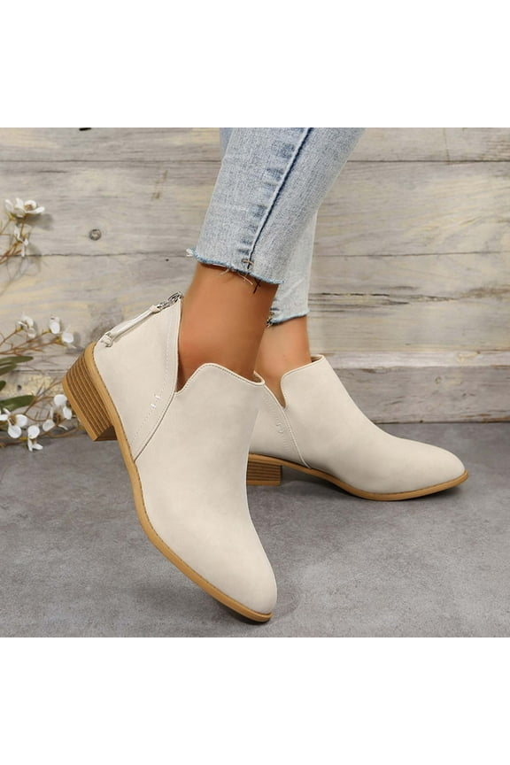 Women's Leather Booties Low Heel Ankle Boots Mid Heel Back Zipper Womens Dressy Shoes Beige Size 6