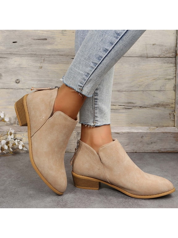 Women's Leather Booties Low Heel Ankle Boots Mid Heel Back Zipper Womens Dressy Shoes Khaki Size 8.5