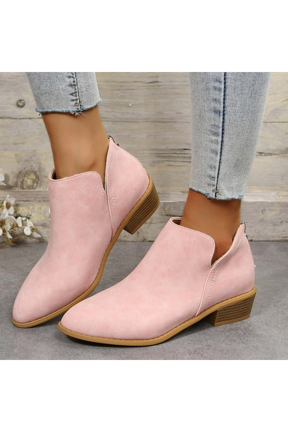 Women's Leather Booties Low Heel Ankle Boots Mid Heel Back Zipper Womens Dressy Shoes Pink Size 10
