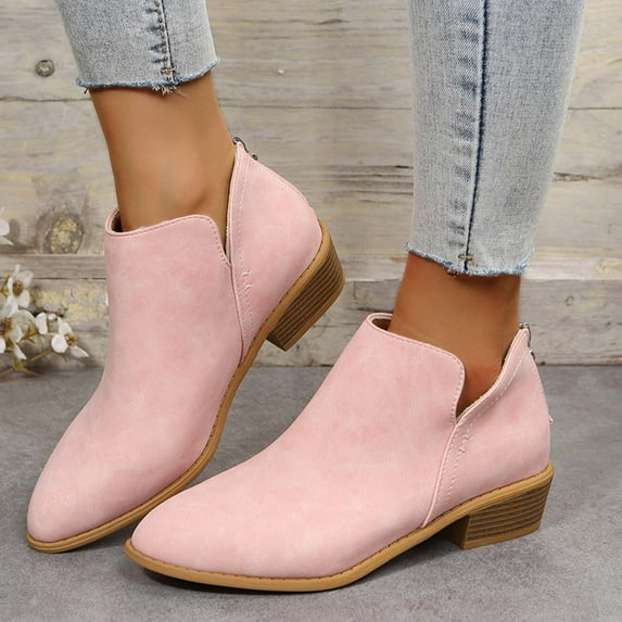 HAOTAGS Women's Leather Booties Low Heel Ankle Boots Mid Heel Back Zipper Womens Dressy Shoes Pink Size 8.5