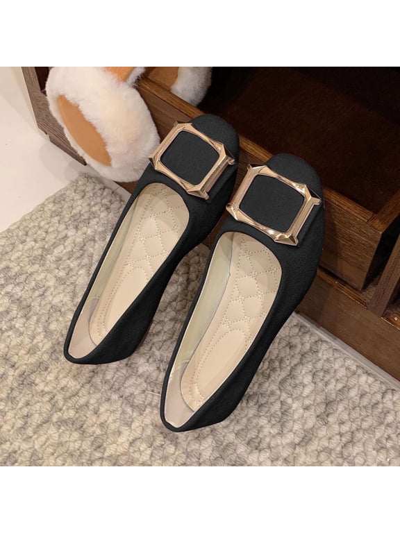 Women’s Loafers Spring/Fall Casual Work Shoes with Decorative Buckle, Square Toe & Comfortable Flat Sole Black Size 9.5