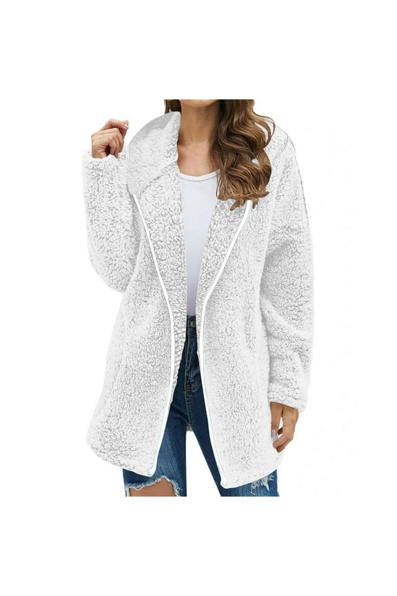 Women's Long Hooded Coat, Knee-length Full Zip Warmth Plush-lined Zip Jacket White M