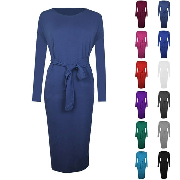 HAOTAGS Women's Long Sleeve Round Neck Dress, Pocket Fitted Casual Solid Color Plus Size Dresses Belted Dress Navy M