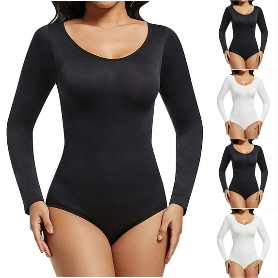 HAOTAGS Women's Long Sleeve Shapewear Bodysuit, Adjustable Snap Closure Base Layer Breast-Supportive Shaping Cami Solid Color Tummy Control Top Comfortable Shapewear Black M
