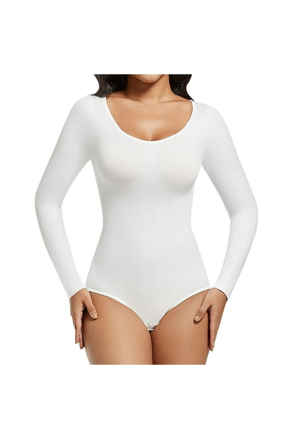 Women's Long Sleeve Shapewear Bodysuit, Breast-Supportive Shaping Cami Solid Color Tummy Control Top Adjustable Snap Closure Base Layer Comfortable Shapewear White M