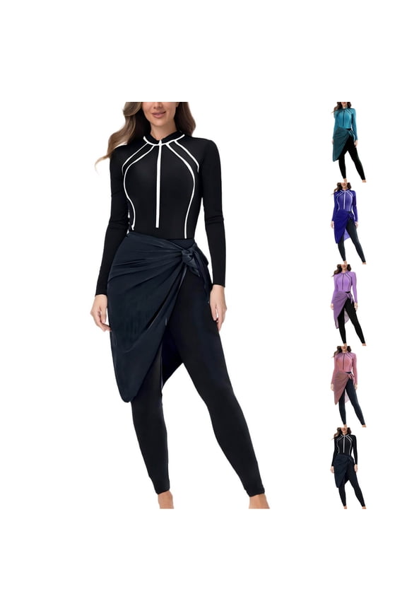 Women's Long Sleeve Surf Set, Active Swimwear Bundle Solid Color Rash Guard Three Piece Swimsuit Kit Back Zip Diving Suit