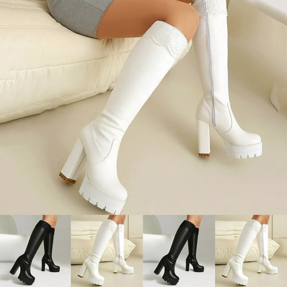 HAOTAGS Women's Mid-Calf Knight Boots, Lace Trim & Splicing Thick High Heel Comfortable Leather Boots White