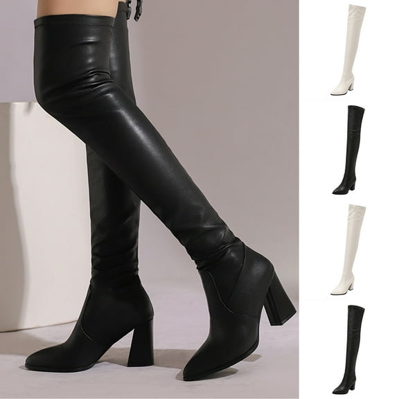 HAOTAGS Women's Over-the-Knee Boots, Pointed Toe High Heel Thick Knee-High Boots Black
