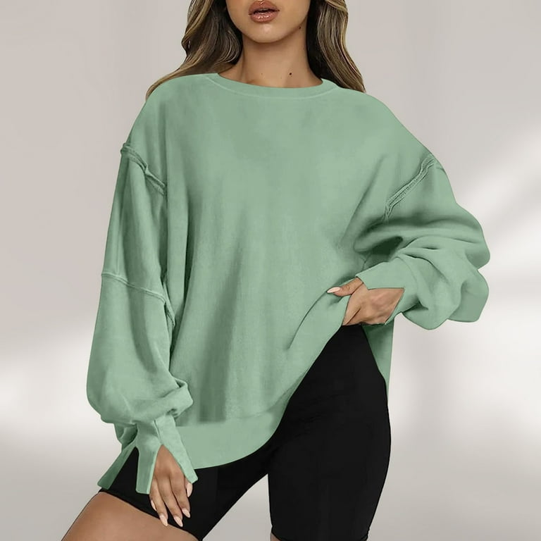 HAOTAGS Women's Oversized Crewneck Long Sleeve Sweatshirts Casual Solid  Pullover Sweatshirt Tops Green Size L
