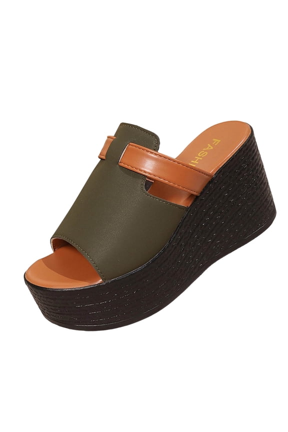Women's Peep Toe Thick-Soled Slide Slippers,Thick-Soled Peep Toe Chunky Heel Home Slides Sandals Army Green
