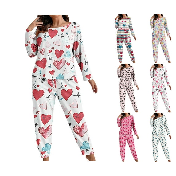 HAOTAGS Women's Plus Size Pajama, 2 Piece Valentines Day Outfits Set Long Sleeve Tops with Long Pants Casual Loungewear Sleepwear Blue XL