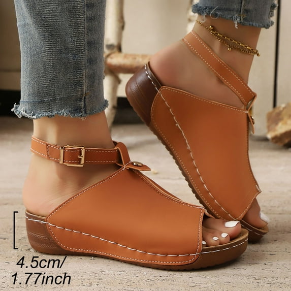 HAOTAGS Women's Plus Size Sandals,Stylish Open Toe with Ankle Strap Cork Wedges for Summer Brown 7