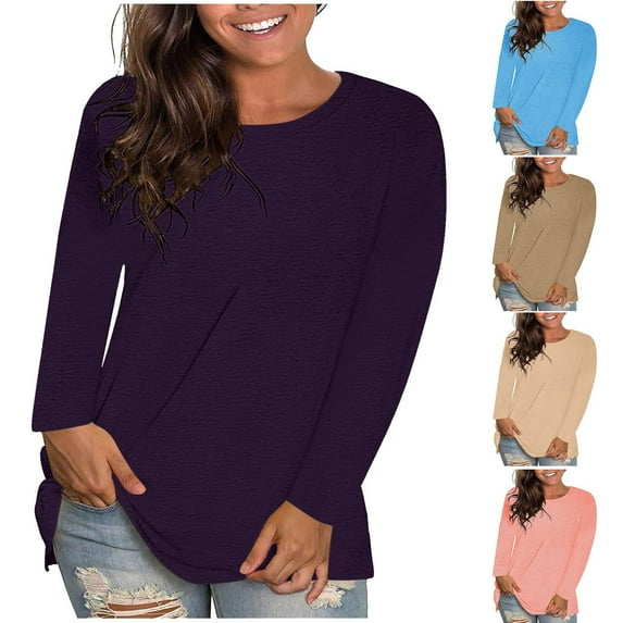 HAOTAGS Women's Plus Size, Solid Round Neck Pullover Causal Long Sleeve Blouses Purple 3XL
