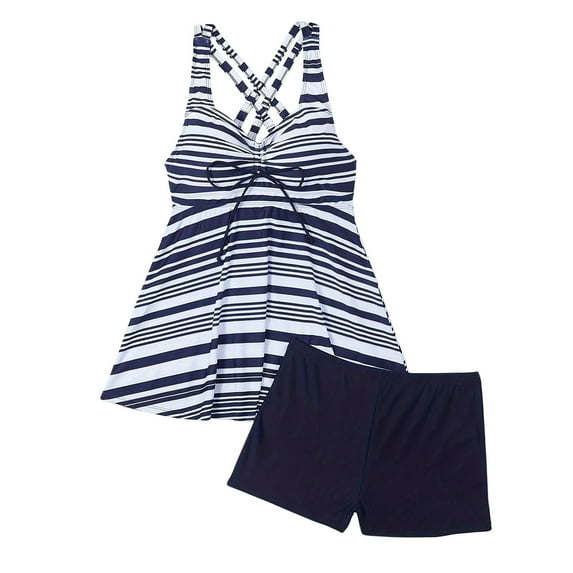 HAOTAGS Women's Plus Size Stripe Swimsuit, Underwire Support Top High Waist Swim Shorts Deep V Neck Bikini Top Swim Dress Two-Piece Set