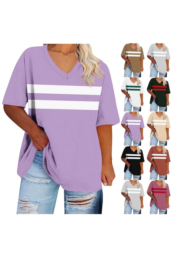 Women's Plus Size,Striped Short Sleeve V-Neck Summer Undershirt T-shirts Purple 2XL