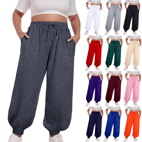 HAOTAGS Women's Plus Size Sweatpants, Wide Leg High Waist Drawstring Yoga Lounge Jogger Pants with Pockets Yellow L