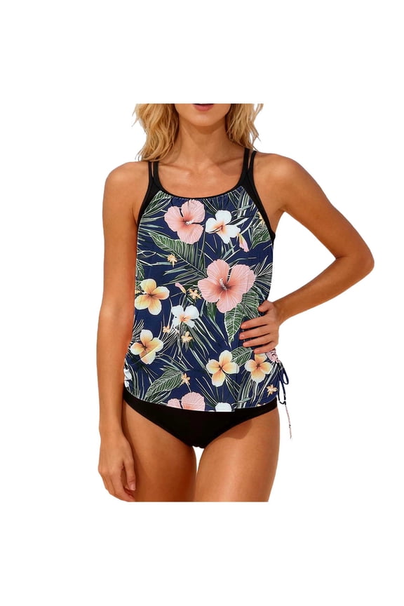 Women's Printed Pullover Top And Briefs Bikini Loose Drawstring Split Bikinis Set,