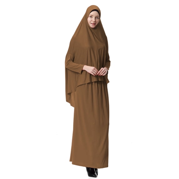 HAOTAGS Women‘s Ramadan Ice Silk Pleated Solid Color Hooded Modest Long Sleeve Top Maxi Skirt Set Abaya Dress,Khaki L