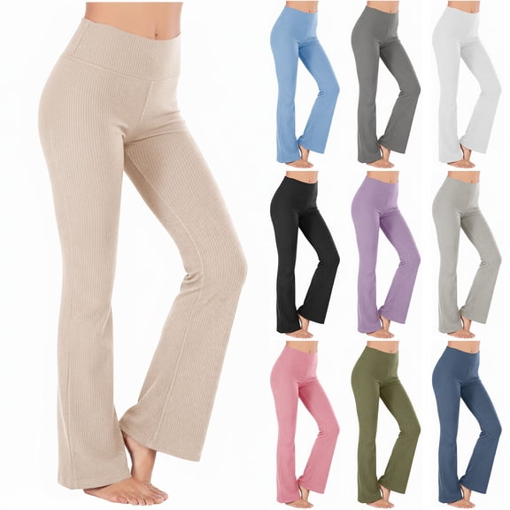 HAOTAGS Women's Ribbed High Waist Yoga Pants, Casual Fitness Leggings Workout Running Flared Pants White M