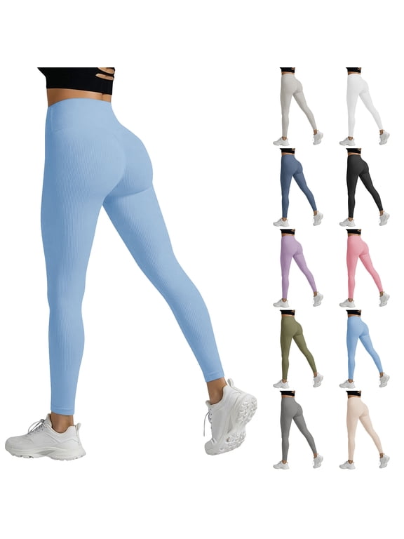 Women's Ribbed High Waist Yoga Pants, with Tummy Control and Hip Lift Casual Workout Leggings for Running Beige M