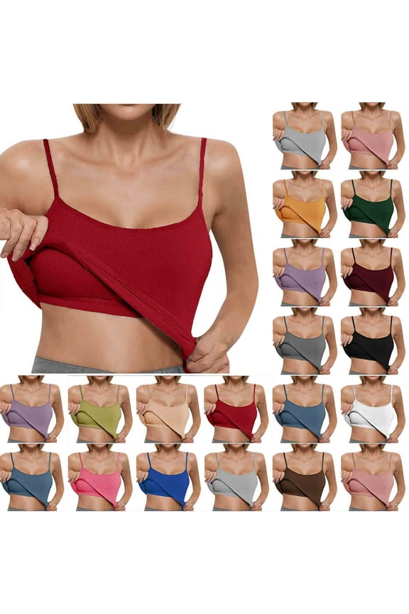 Women's Ribbed Tank Top with Built in Bra Spaghetti Strap Tank Top Casual Yoga Padded Undershirts Green Size M