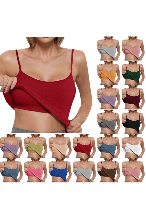 Women's Ribbed Tank Top with Built in Bra Spaghetti Strap Tank Top Casual Yoga Padded Undershirts Red Size S