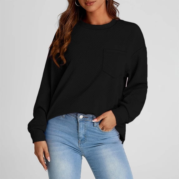 HAOTAGS Women's Round Neck Sweatshirts 2025 Checkered Ribbed Oversizeed Top Fall Fashion Pullover with Pockets Black Size XL