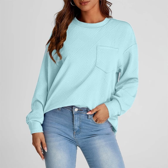 HAOTAGS Women's Round Neck Sweatshirts 2025 Checkered Ribbed Oversizeed Top Fall Fashion Pullover with Pockets Light Blue Size 2XL