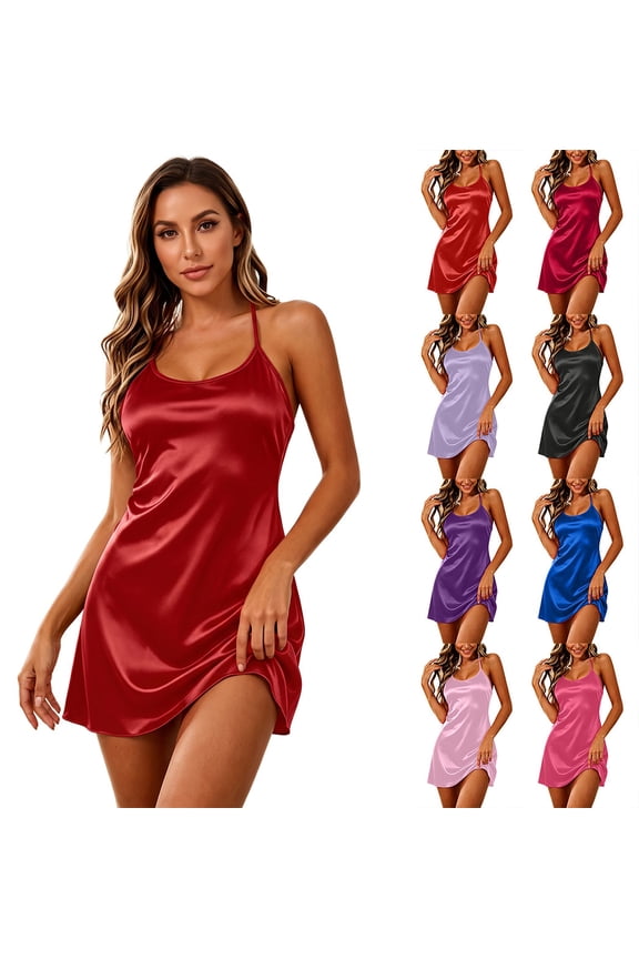 Women’s Satin Nightgown with Built-in Soft Bra Support Spaghetti Strap Slip Dress for Comfortable, Seamless Sleep & Lounging Blue Size M