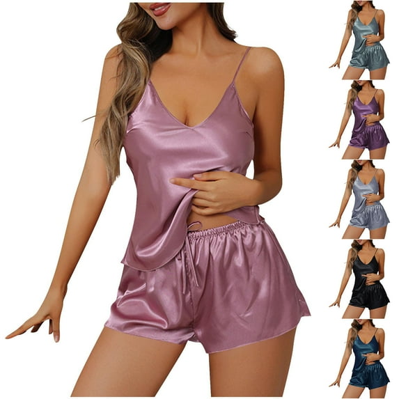 HAOTAGS Women's Satin Pajama Set, 2 Piece Camisole Top and Shorts Casual Silk Nightwear Navy L