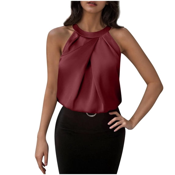 HAOTAGS Women's Satin Vest Tops,Solid Back Button Sleeveless Lightweight Summer Tops Wine M