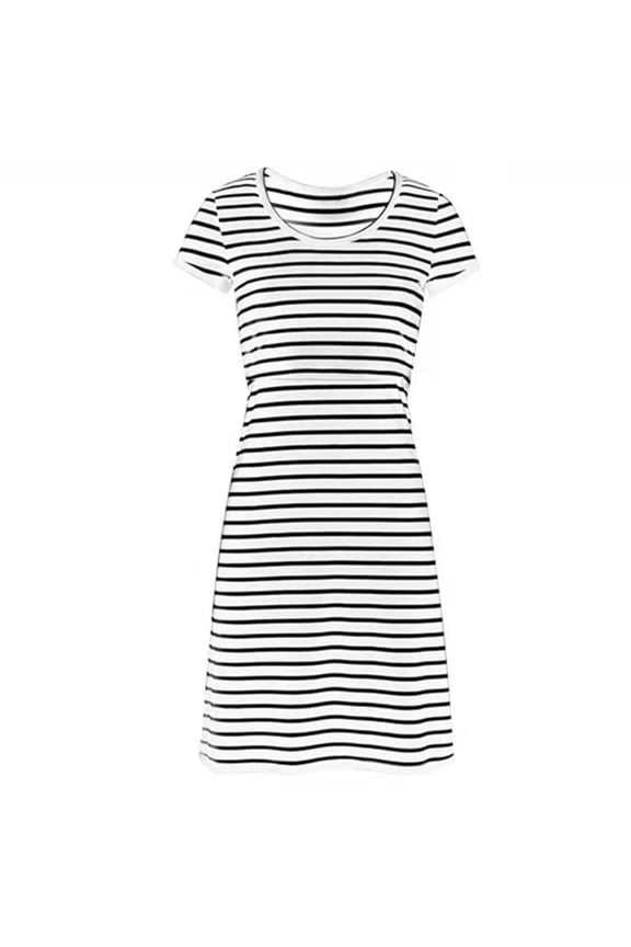 Women's Short Sleeve Maternity Dress,Striped Prints Short Sleeve V-Neck Bodycon Wrap Dress White M