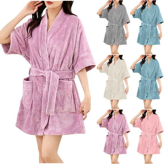 HAOTAGS Women's Short Sleeve Robe, Thickened Fleece Drying Absorbent Bathrobe with Pockets Pink Free Size
