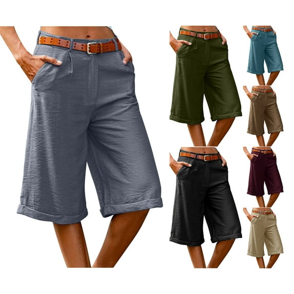 HAOTAGS Women's Shorts, Everyday Casual with Functional Buttons Elastic Waist Multi Pocket Summer Shorts Gray S