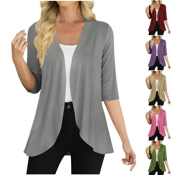 HAOTAGS Women's Soft Lightweight Cardigan, Three-Quarter Sleeve Draped Ruffles Knit Cardigan Gray L