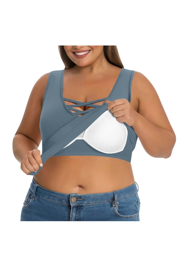 Women's Solid Color Round Neck Cross Sleeveless Summer Outerwear Slim-Fit Sports Tank Tops,Wearable Outdoors and Indoors No Underwire One - Piece Cup Layering Top Light Blue XL