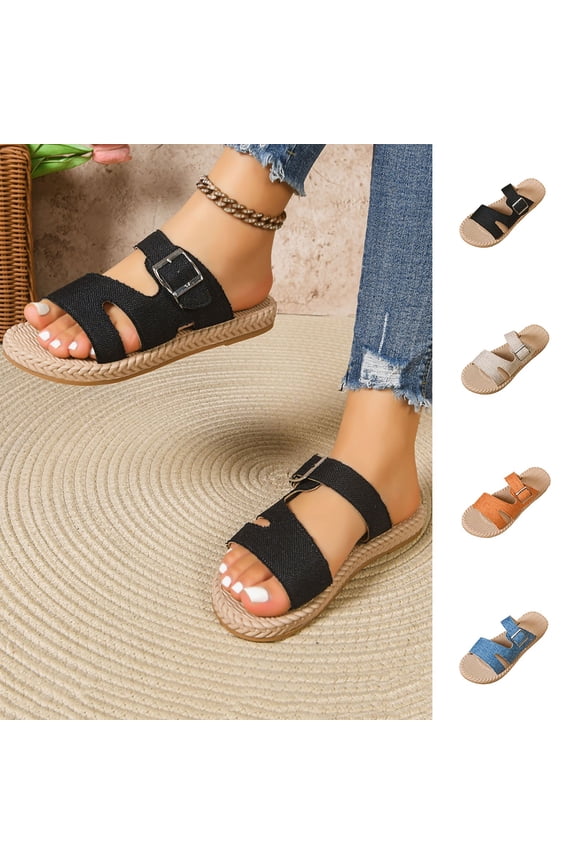 Women's Solid - Color Straw - Woven Linen Roman Sandals,Spring - Summer Large Sizes Available (36 - 43) Flat Sandals with One - Strap Buckle Trendy and Comfortable Orange 9
